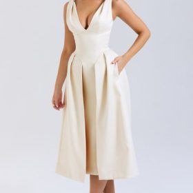 Paloma Vintage Cream Satin Pleated Midi Dress - Image 9