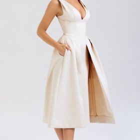 Paloma Vintage Cream Satin Pleated Midi Dress - Image 10