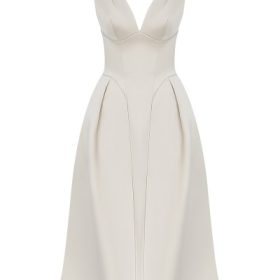 Paloma Vintage Cream Satin Pleated Midi Dress - Image 12