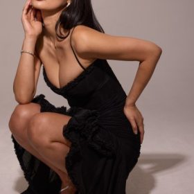 Gabbi Black Mesh Ruffled Front Gown