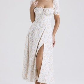 Tallulah White Posy Print Cotton Puff Sleeve Midi Sundress - Image 5