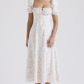 Tallulah White Posy Print Cotton Puff Sleeve Midi Sundress - Image 6
