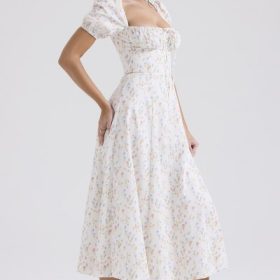 Tallulah White Posy Print Cotton Puff Sleeve Midi Sundress - Image 8