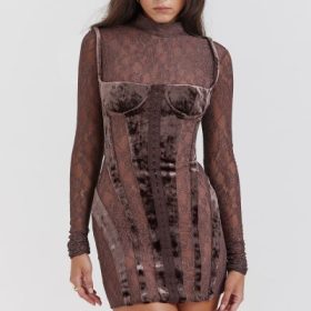 Marica Brown Velvet & Lace Corset Dress - Image 7