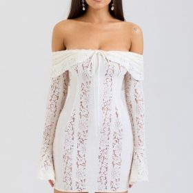 Sadie Vintage Cream Floral Lace Off Shoulder Mini Dress - Image 5