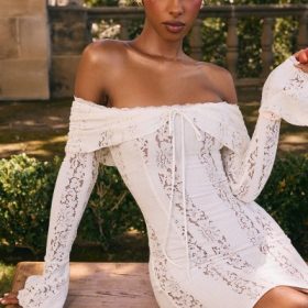 Sadie Vintage Cream Floral Lace Off Shoulder Mini Dress - Image 6