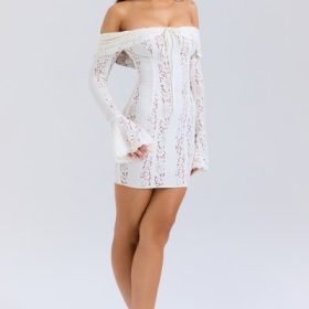 Sadie Vintage Cream Floral Lace Off Shoulder Mini Dress - Image 9