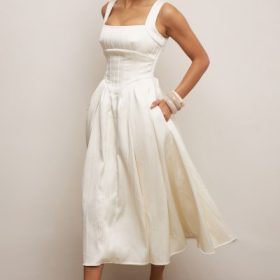 Isabeau Ivory Textured Satin Corset Midi Dress