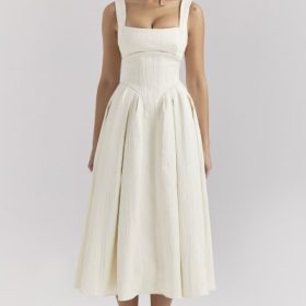 Isabeau Ivory Textured Satin Corset Midi Dress - Image 5