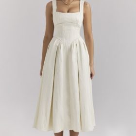Isabeau Ivory Textured Satin Corset Midi Dress - Image 7