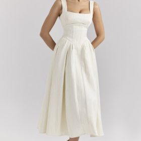 Isabeau Ivory Textured Satin Corset Midi Dress - Image 8