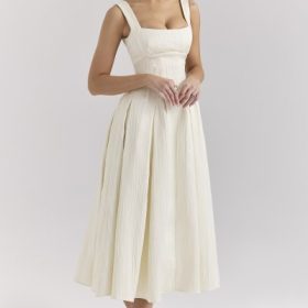 Isabeau Ivory Textured Satin Corset Midi Dress - Image 9