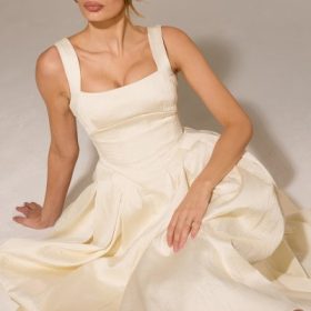 Isabeau Ivory Textured Satin Corset Midi Dress - Image 11