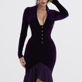Dahna Dark Purple Velvet Corset Dress - Image 8