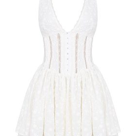 Sarita White Cotton Broderie Anglais Plunge Mini Dress - Image 2