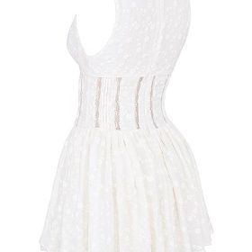 Sarita White Cotton Broderie Anglais Plunge Mini Dress - Image 3