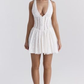 Sarita White Cotton Broderie Anglais Plunge Mini Dress - Image 6