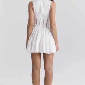 Sarita White Cotton Broderie Anglais Plunge Mini Dress - Image 12