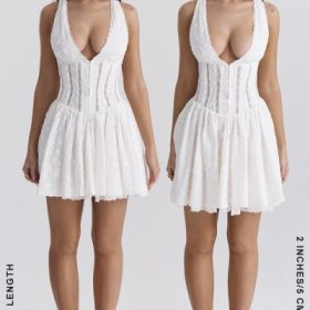 Sarita White Cotton Broderie Anglais Plunge Mini Dress - Image 20