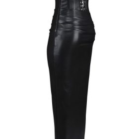 Juliana Black Strapless Vegan Leather Midi Dress - Image 3