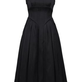 Isabeau Black Textured Satin Corset Midi Dress - Image 2