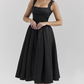 Isabeau Black Textured Satin Corset Midi Dress - Image 5