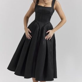 Isabeau Black Textured Satin Corset Midi Dress - Image 7