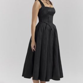 Isabeau Black Textured Satin Corset Midi Dress - Image 8