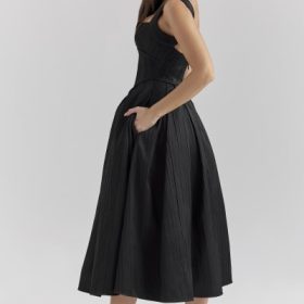 Isabeau Black Textured Satin Corset Midi Dress - Image 9