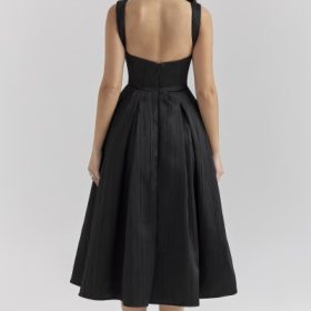 Isabeau Black Textured Satin Corset Midi Dress - Image 10