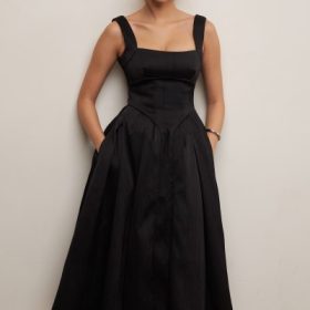 Isabeau Black Textured Satin Corset Midi Dress - Image 11