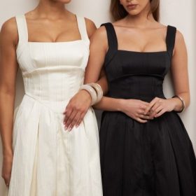 Isabeau Black Textured Satin Corset Midi Dress - Image 12