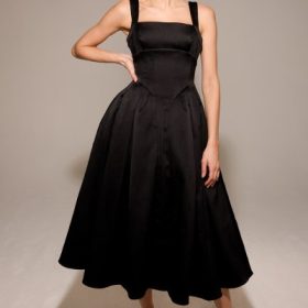 Isabeau Black Textured Satin Corset Midi Dress - Image 14