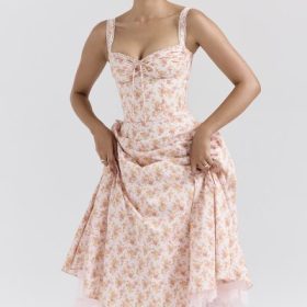 Rosalee Peach Poppy Print Cotton Bustier Sundress - Image 5