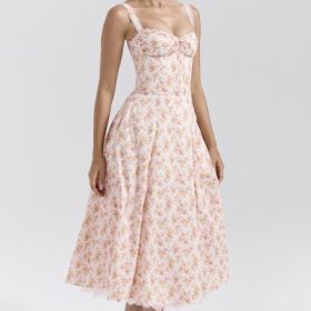 Rosalee Peach Poppy Print Cotton Bustier Sundress - Image 8