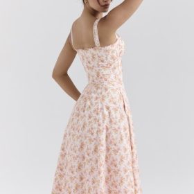 Rosalee Peach Poppy Print Cotton Bustier Sundress - Image 9