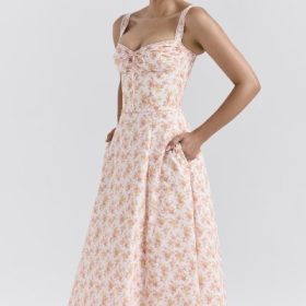 Rosalee Peach Poppy Print Cotton Bustier Sundress - Image 10