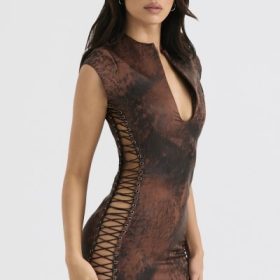 Daphne Antique Copper Lace up Mini Dress - Image 5