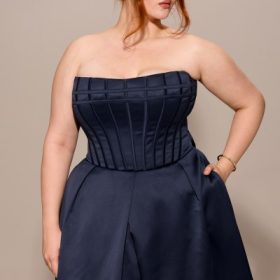 Bellina Midnight Blue Strapless Detachable Bow Midi Dress
