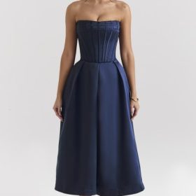 Bellina Midnight Blue Strapless Detachable Bow Midi Dress - Image 6