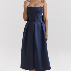 Bellina Midnight Blue Strapless Detachable Bow Midi Dress - Image 7