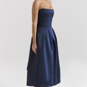 Bellina Midnight Blue Strapless Detachable Bow Midi Dress - Image 8
