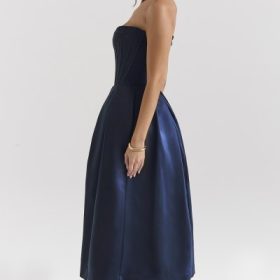 Bellina Midnight Blue Strapless Detachable Bow Midi Dress - Image 10