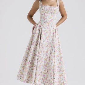 Dorothy Pale Blue Meadow Print Cotton Midi Sundress - Image 7