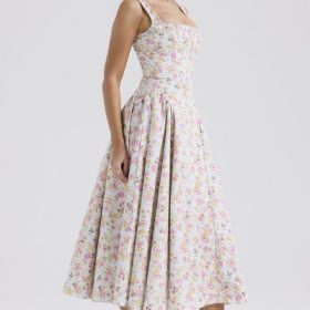 Dorothy Pale Blue Meadow Print Cotton Midi Sundress - Image 9