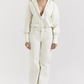 Marli Ivory Wide Leg Flared Jeans - Image 7