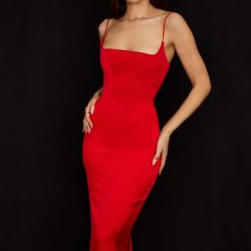 Anais Scarlet Satin Corset Midi Dress - Image 5