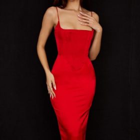 Anais Scarlet Satin Corset Midi Dress - Image 7