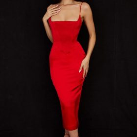Anais Scarlet Satin Corset Midi Dress - Image 10