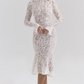 Sophia Vintage Ivory Lace Fitted Midi Dress - Image 7